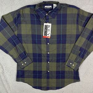 Vintage Key Elements 90's Button Shirt Plaid Blue Green Long Sleeve Sz Large NOS